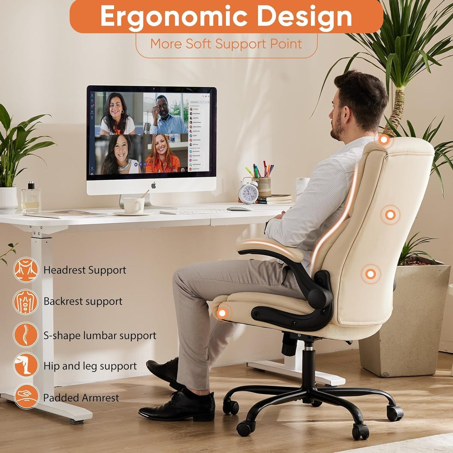 Ergonomic Office Chair Heavy Duty Task Desk Chair with Flip-Up Arms, PU Leather, Adjustable Swivel Rolling Chair with Wheels, Beige
