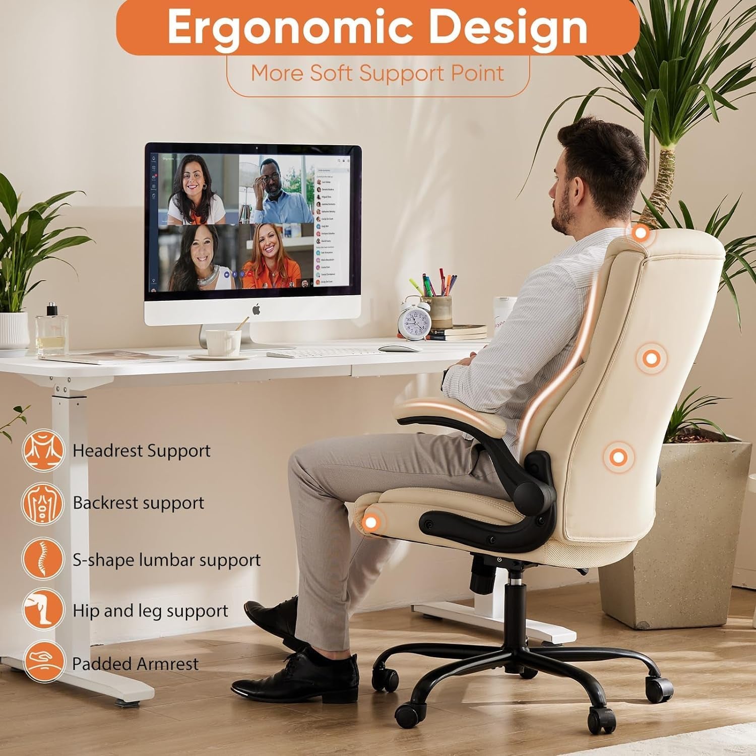 Ergonomic Office Chair Heavy Duty Task Desk Chair with Flip-Up Arms, PU Leather, Adjustable Swivel Rolling Chair with Wheels, Beige