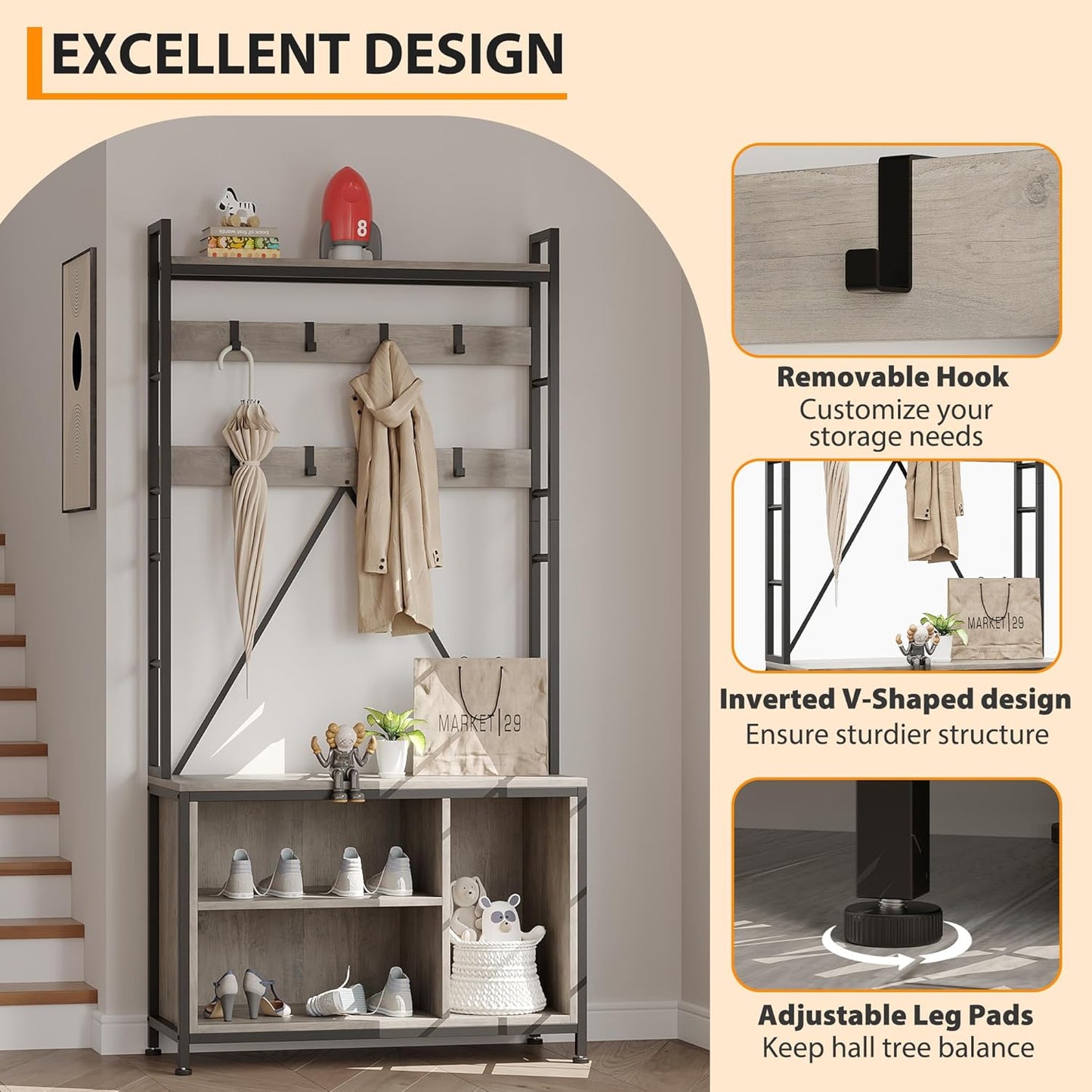Hall Tree with Bench and Shoe Storage and Coat Rack, Industrial Entryway Bench with Storage Cubbies, Entryway Coat Rack for Hallway, Corner Places, Bedroom