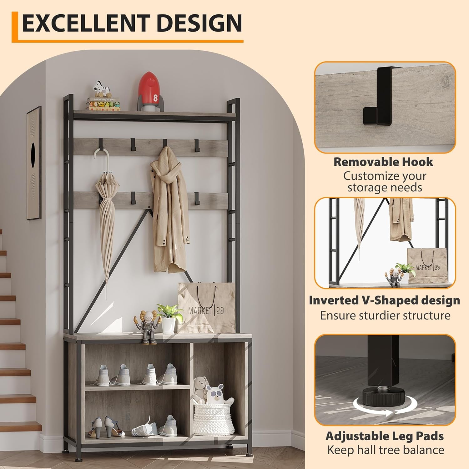 Hall Tree with Bench and Shoe Storage and Coat Rack, Industrial Entryway Bench with Storage Cubbies, Entryway Coat Rack for Hallway, Corner Places, Bedroom