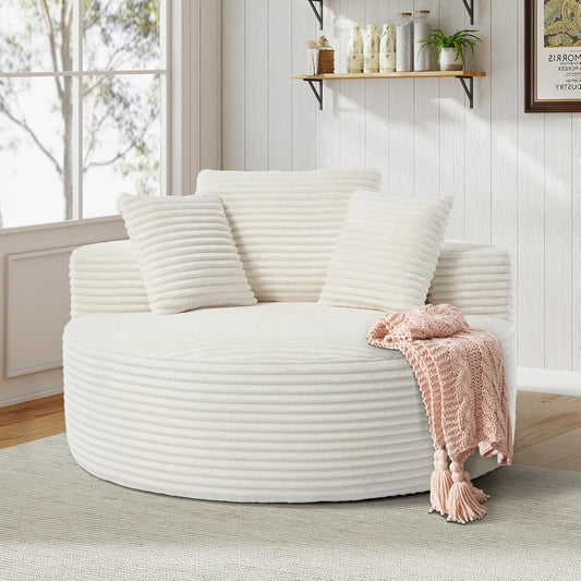 56''Oversized round Chair Lounge Chaise Indoor, Modern Upholstered Corduroy Cloud Circle Chair with Deep Seat, Comfy Fluffy Sleeper Sofa for Living Room Bedroom No Assembly Required (Beige)