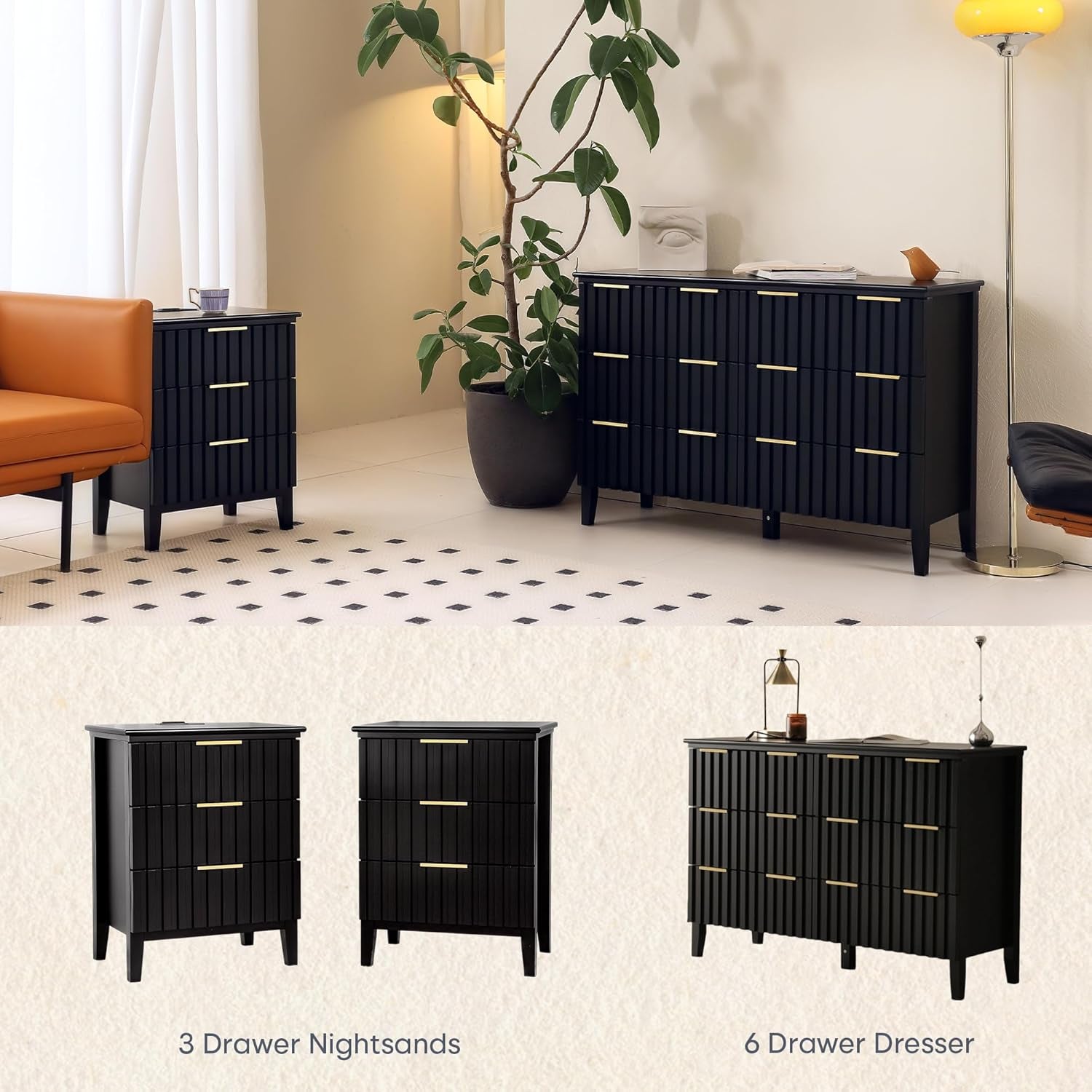 3 Piece Dresser and Nightstand Sets Modern Fluted Bedroom Set with 6 Drawer Dresser & 2 Nightstands,Mdf Wood, Gold Handles, Black Finish, Storage Furniture for Bedroom, Closet, Apartment
