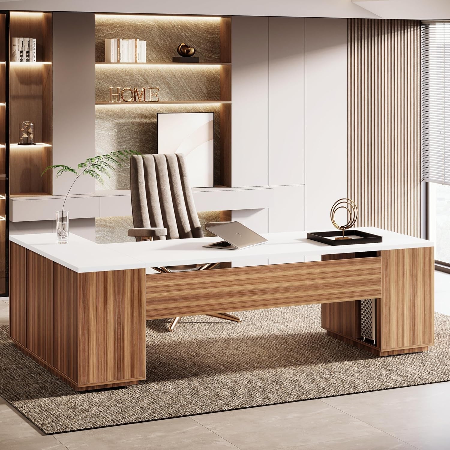 85.8-Inch L-Shaped Executive Office Desk with File Drawers & Storage Cabinet, Professional Corner Computer Desk Extra Large Business Workstation with Adjustable Shelves (White&Walnut)