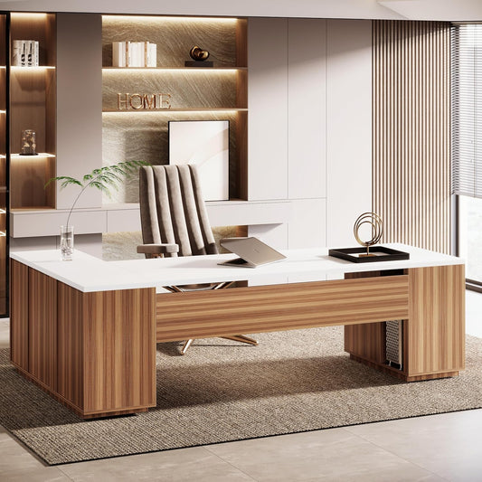 85.8-Inch L-Shaped Executive Office Desk with File Drawers & Storage Cabinet, Professional Corner Computer Desk Extra Large Business Workstation with Adjustable Shelves (White&Walnut)