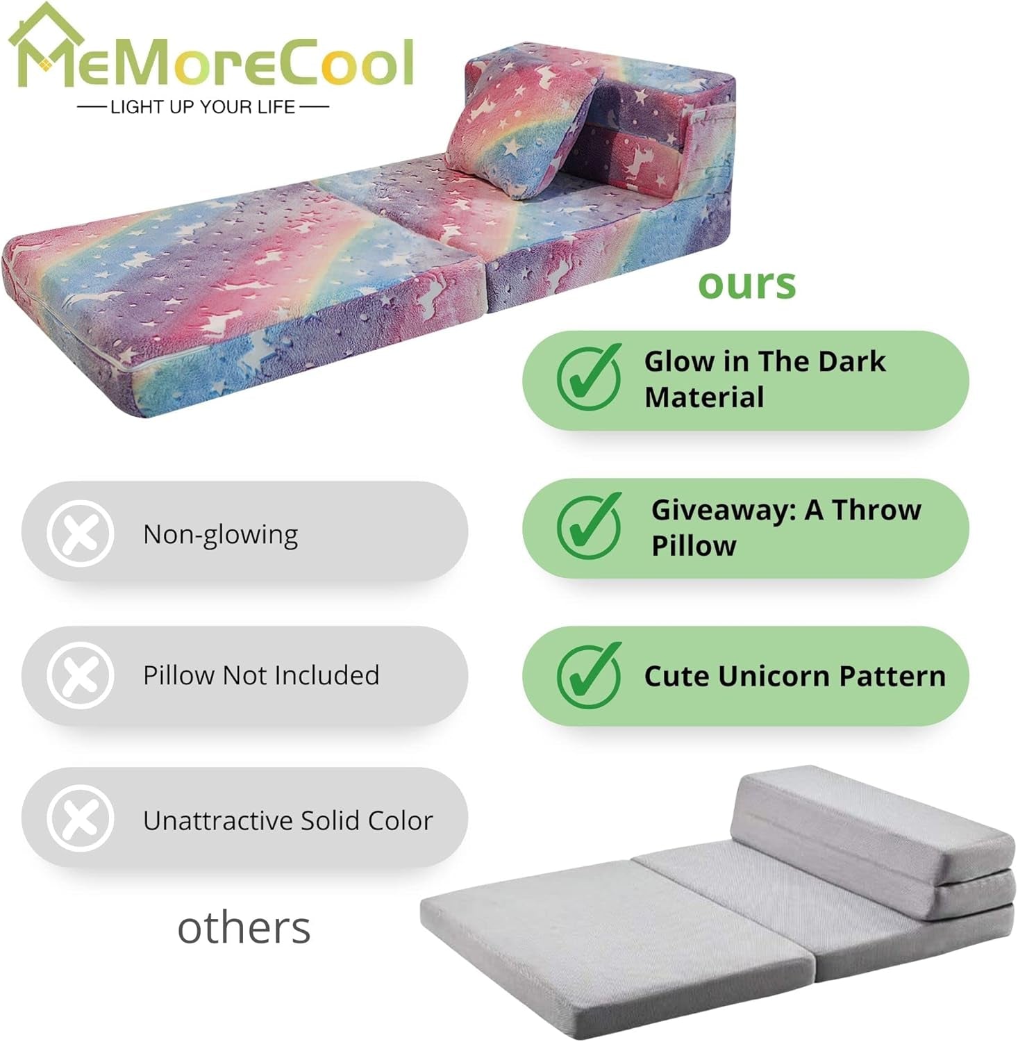 Glow Rainbow Unicorn Tri-Fold Sofa Bed for Kids, Foldable Futon Mattress, Chair, and Floor Couch for Playroom
