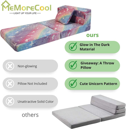 Glow Rainbow Unicorn Tri-Fold Sofa Bed for Kids, Foldable Futon Mattress, Chair, and Floor Couch for Playroom