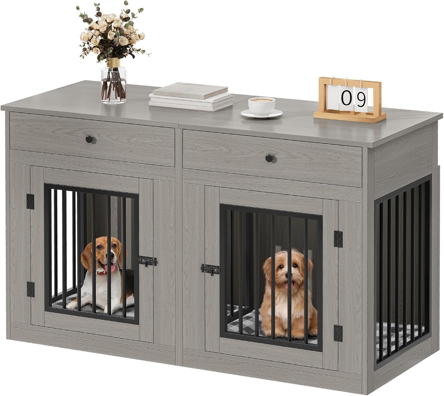 60" Wooden Dog Crate Furniture with Removable Divider & Storage Drawers, Double Door Kennel with Locks for Medium and Large Dogs, Multi-Functional Dog Crate End Table for Indoor Use, Grey