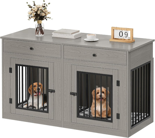 60" Wooden Dog Crate Furniture with Removable Divider & Storage Drawers, Double Door Kennel with Locks for Medium and Large Dogs, Multi-Functional Dog Crate End Table for Indoor Use, Grey