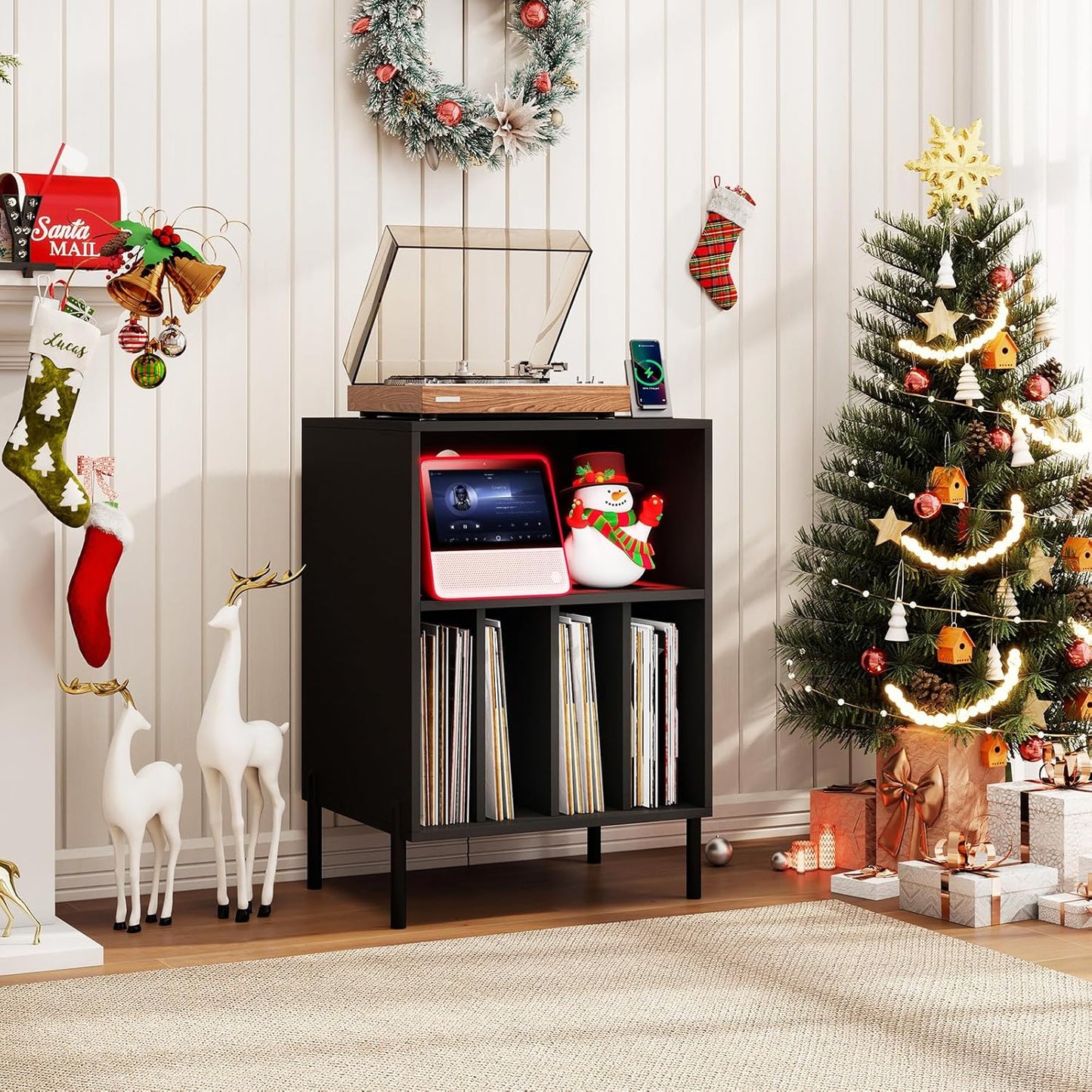 Record Player Stand with LED Lights, Turntable Stand with Charging Station, Vinyl Storage Holder with Sturdy Metal Legs, Album Display Shelf for Living Room, Bedroom (Black)