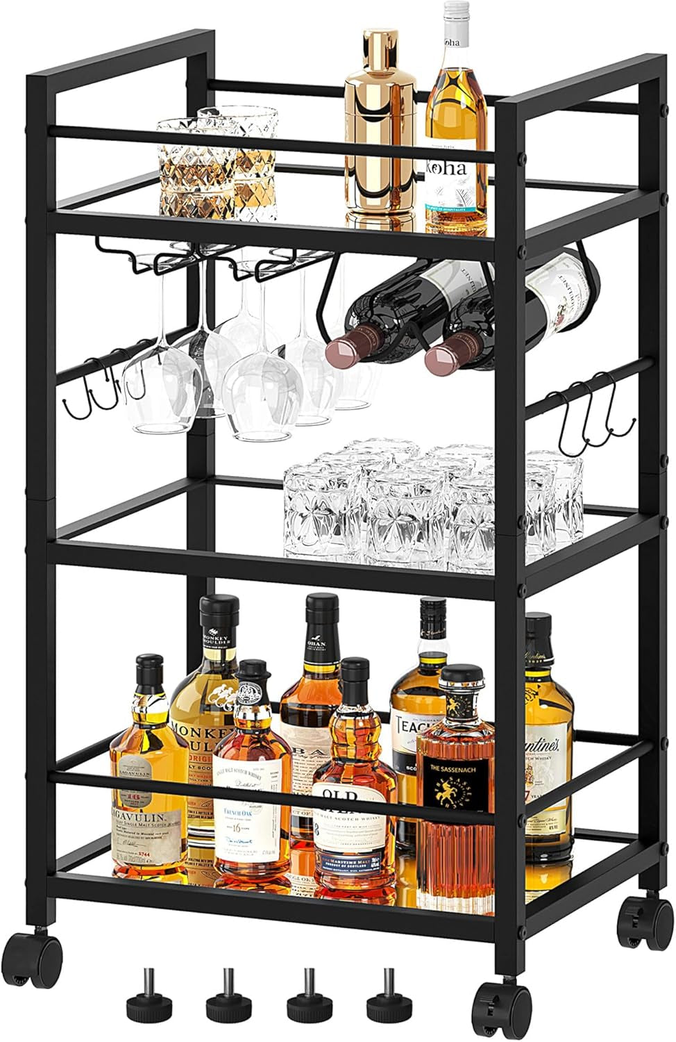 Bar Cart, Serving Cart for Home, Microwave Cart, Drink Cart, Mobile Kitchen Shelf with Wine Rack and Glass Holder, Rolling Beverage Cart for Dining Room, Black
