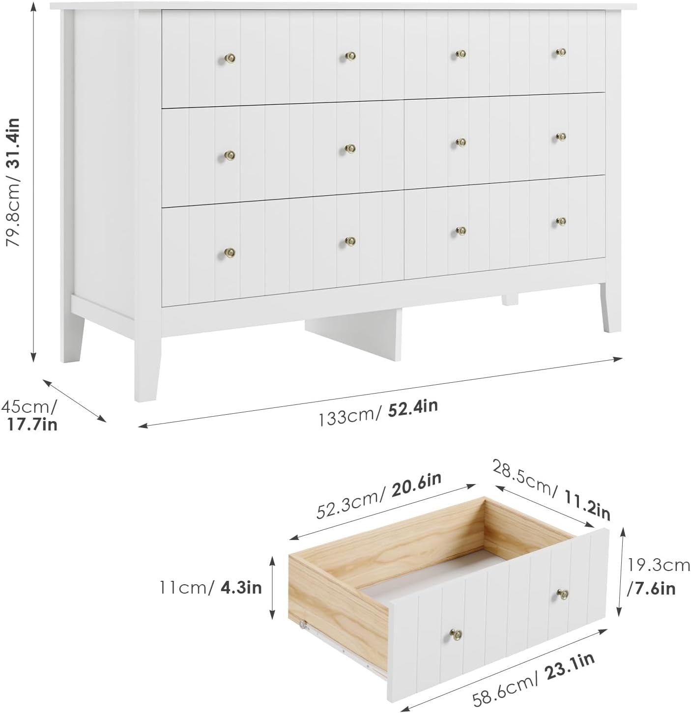 White Dresser, Chest of Drawers, Modern 6 Drawer Double Dressers with Deep Drawers, Nursery Dresser for Baby, Wide Storage Organizer Cabinet for Living Room, Hallway,White