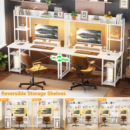 Gaming Desk with Hutch, 47'' Computer Desk with LED Lights & Power Outlets, Home Office Desk with Reversible 5 Tiers Storage Shelves & Monitor Stand, Small Gaming Table for Small Space, White