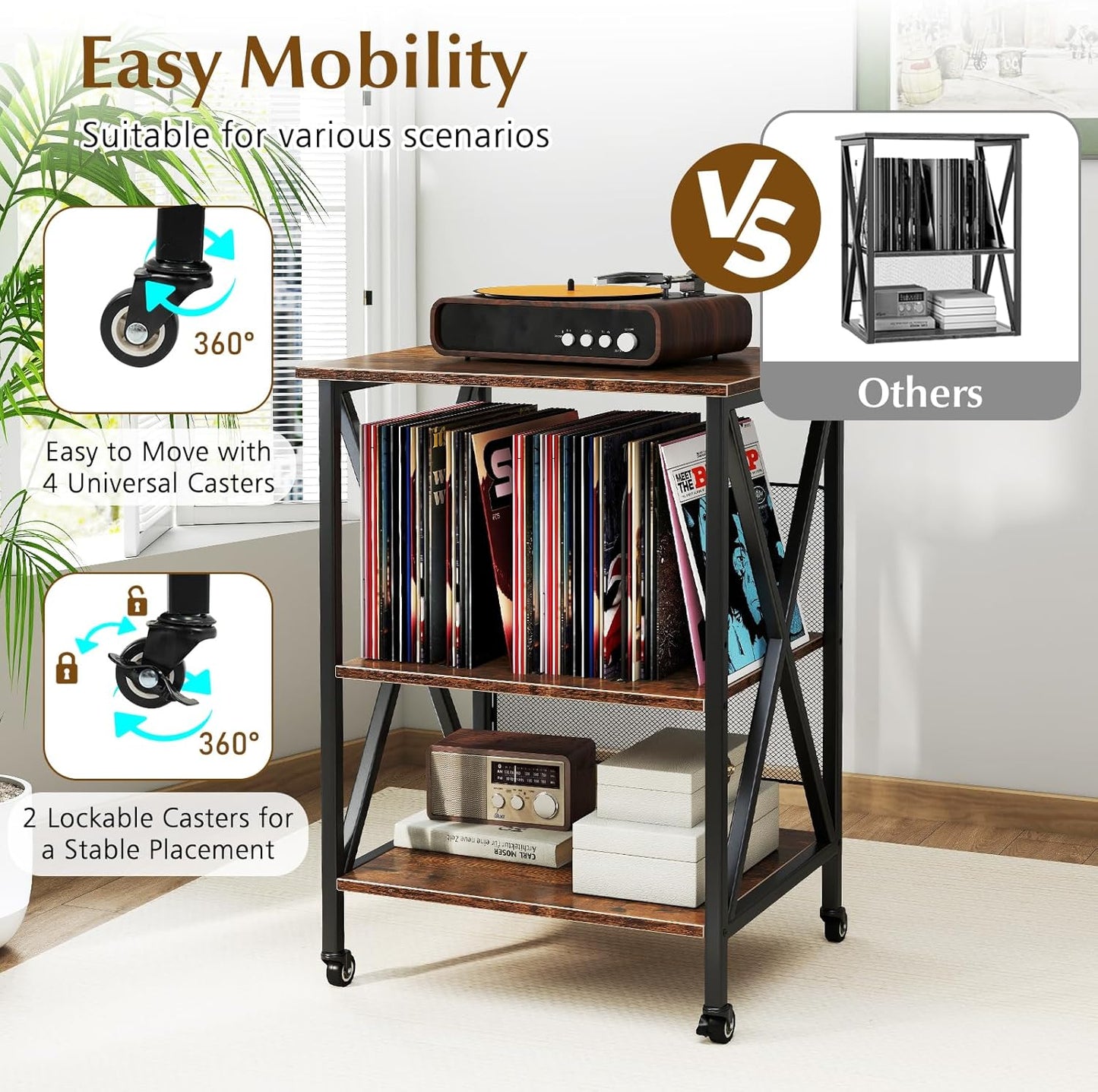 Record Player Stand with Charging Station, Turntable Stand with Adjustable Shelf, 4 Rolling Wheels, 3-Tier End Table Vinyl Record Storage Table for Living Room, Bedroom, Rustic Brown