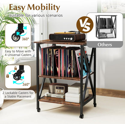 Record Player Stand with Charging Station, Turntable Stand with Adjustable Shelf, 4 Rolling Wheels, 3-Tier End Table Vinyl Record Storage Table for Living Room, Bedroom, Rustic Brown