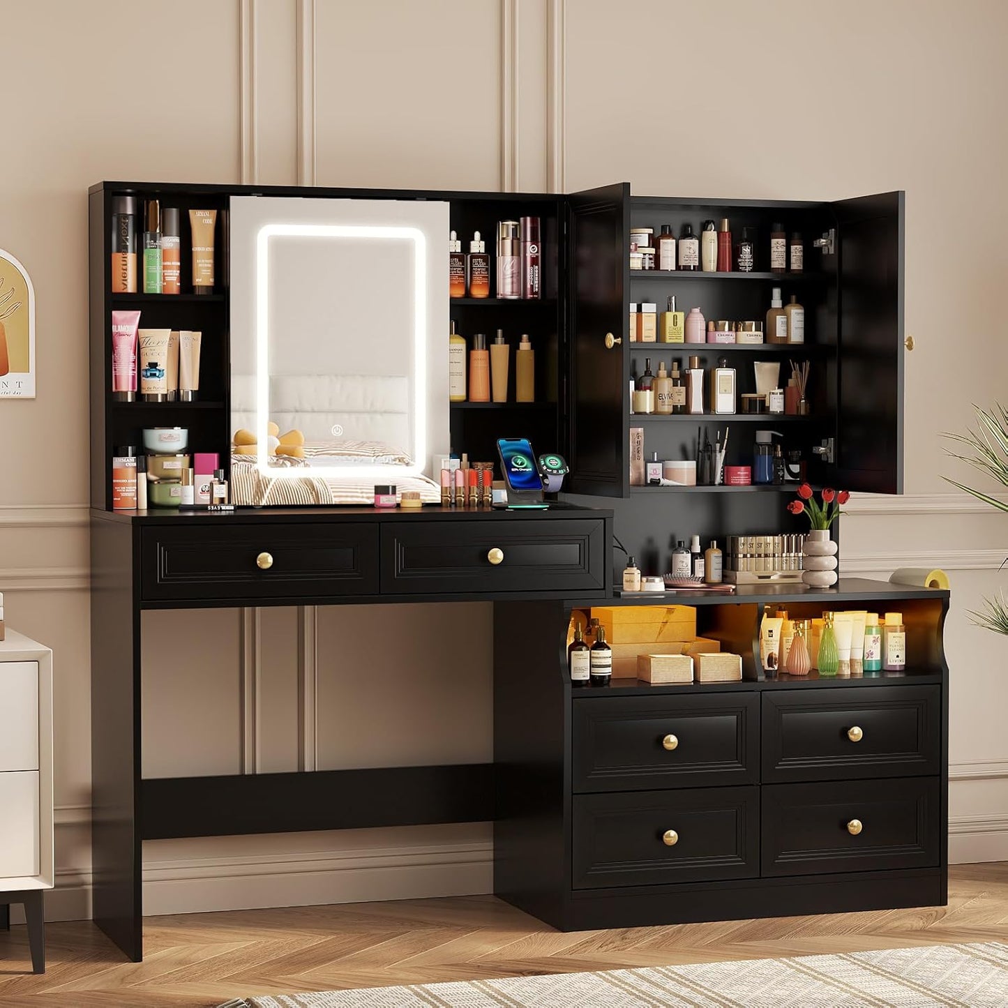 58.6" Large Vanity Desk with Sliding Mirror & Lights, Black Makeup Vanity Table & Nightstand Combo with Power Outlet and 6 Drawers 15 Shelves with Light Strips for Bedroom Dressing Room