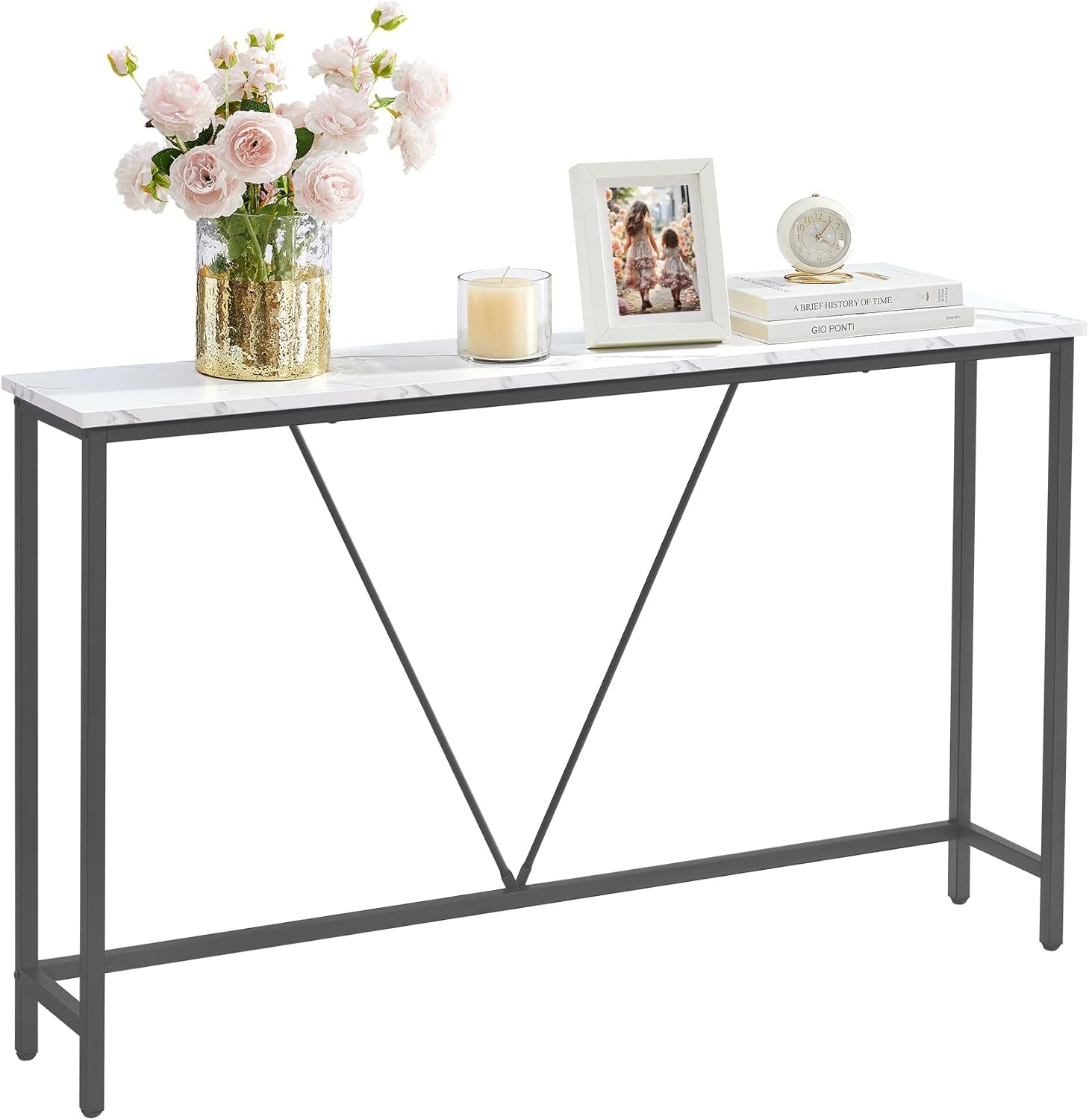 Console Sofa Table, Narrow Entryway Table, for Living Room, Bedroom, Easy Assembly, Marble White and Ink Black ULNT020W01
