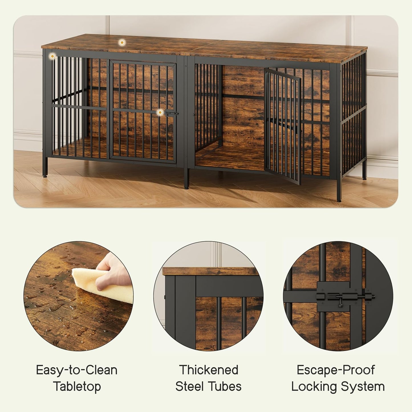 Heavy-Duty 2-Door Dog Crate End Table – Extra Large Multipurpose Pet Kennel Furniture for Large & Medium Dogs, Rustic Wood TV Stand/Side Table, Easy Assembly & Indoor Use (Rustic Brown)