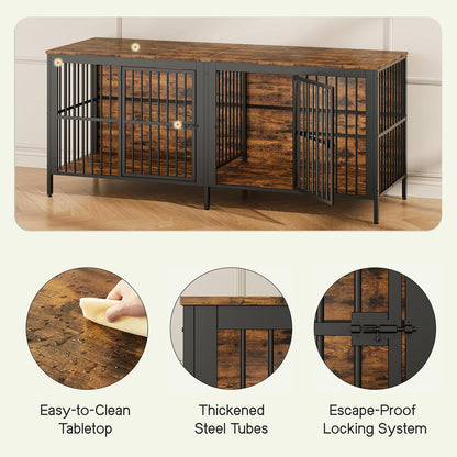 80" Dog Crate End Table, Heavy Duty 2-Door Dog Crate Furniture with Double Compartments, Large Dog Kennel Indoor for Living Room, Multipurpose Dog House as TV Stand or Side Table, Rustic Brown