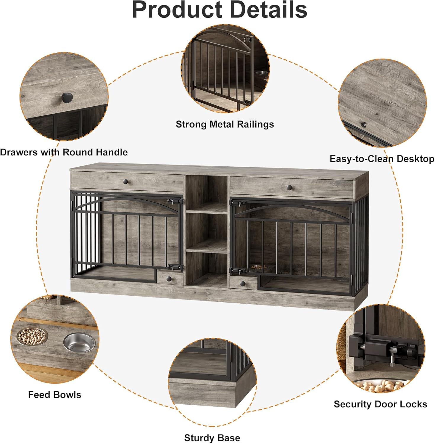 Dog Crate Furniture for 2 Dogs, Dog Kennel Indoor with Storage and Feeding Bowls, Double Dog Crate TV Stand for Small Medium Dogs, Grey