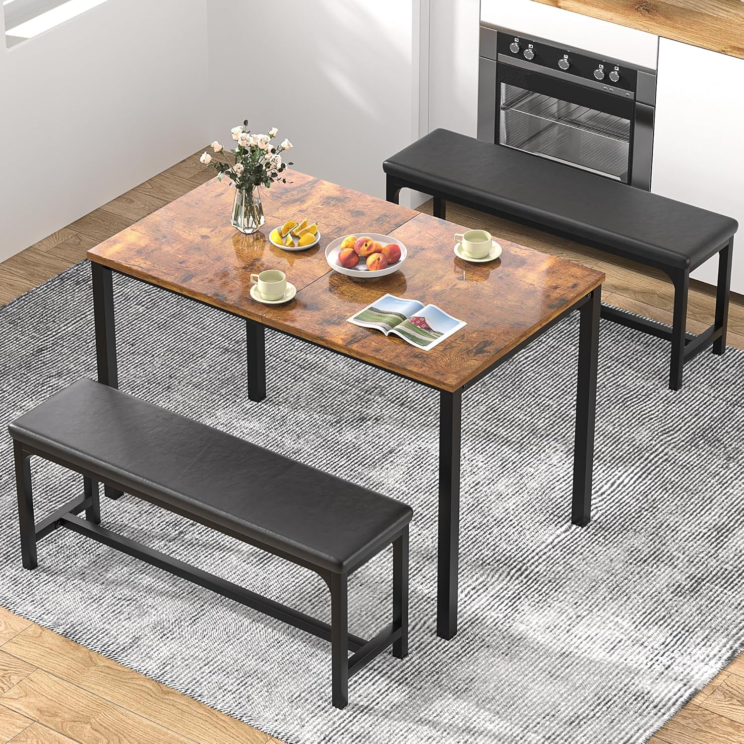 3-Piece 63" Extendable Kitchen Table with Benches/Chairs, Modern Breakfast Dinette/Dining Room Set for 4/6/2, Small Space Saving Design, Easy Assembly