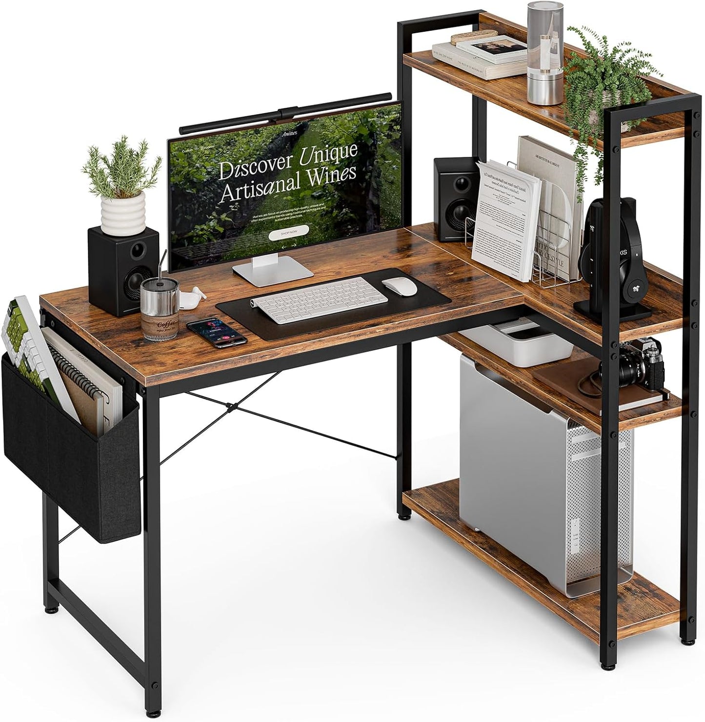 47 Inch L Shaped Computer Desk with Reversible Storage Shelves, Home Office Corner Desk Study Writing Table with Hutch, Study, White