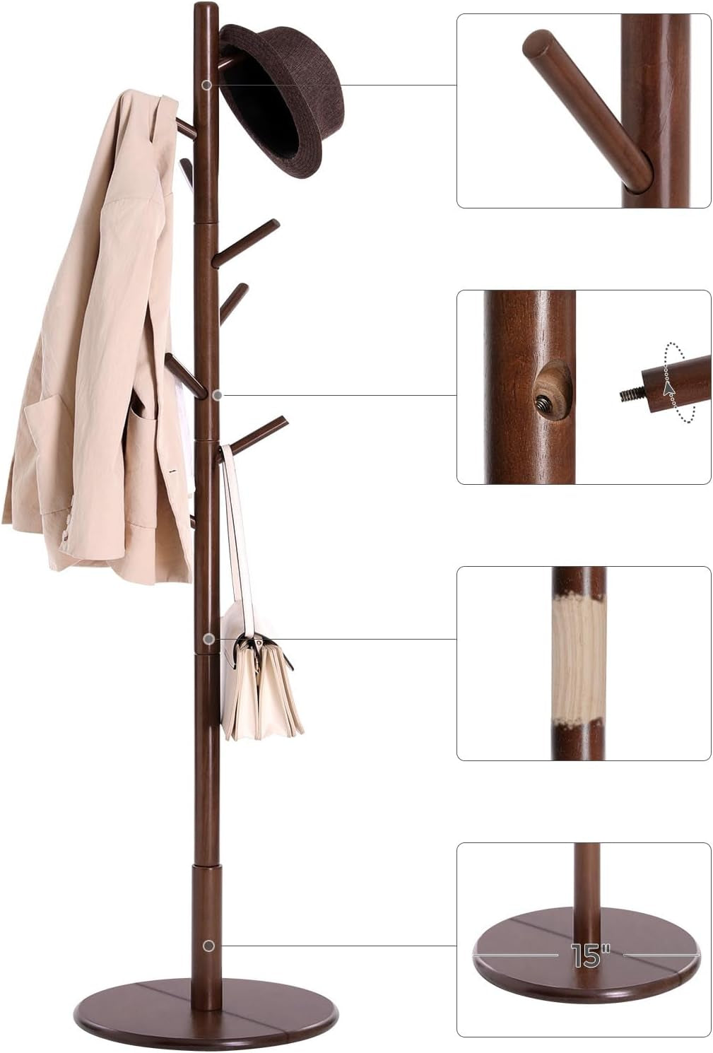 Solid Wood Coat Rack, Free Standing Hall Coat Tree with 7 Hooks, 3 Height Options, for Coats, Hats, Bags, Purses, for Entryway, Hallway, Rubberwood Hooks and Pole, Natural Beige URCR007N01