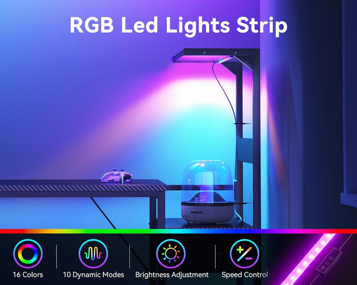48 Inch Gaming Desk with Storage & LED Lights, Reversible Computer Desk with Display Shelves & Fabric Drawer, Modern Gamer Desk Table with Side Headphone Hook, Carbon Fiber Black