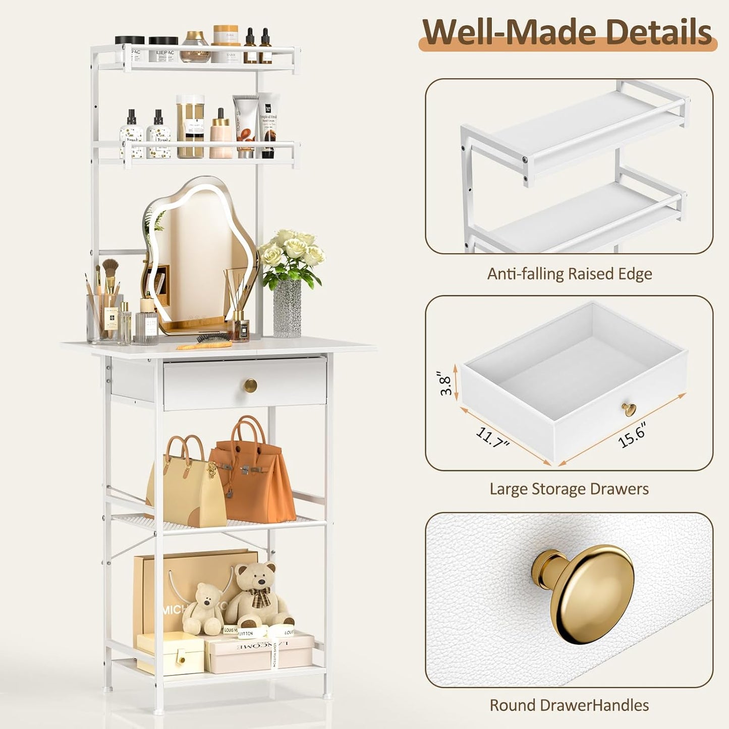 Small Vanity Desk without Mirror, Makeup Vanity Table for Small Space, Compact White Dressing Table with Fabric Drawers, Makeup Vanity with Storage for Bedroom, White, 23.6In（W）