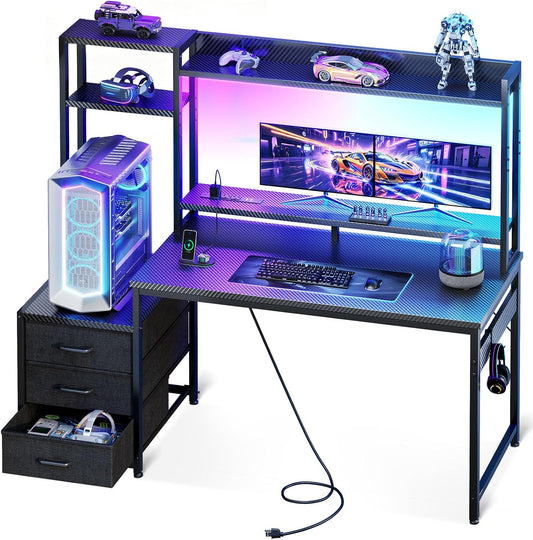 48 Inch Gaming Desk with Hutch & 3 Fabric Drawers, Computer Desk with USB Ports & LED Lights, Reversible Pc Gamer Table with Monitor Stand for Home Office, Carbon Fiber Black