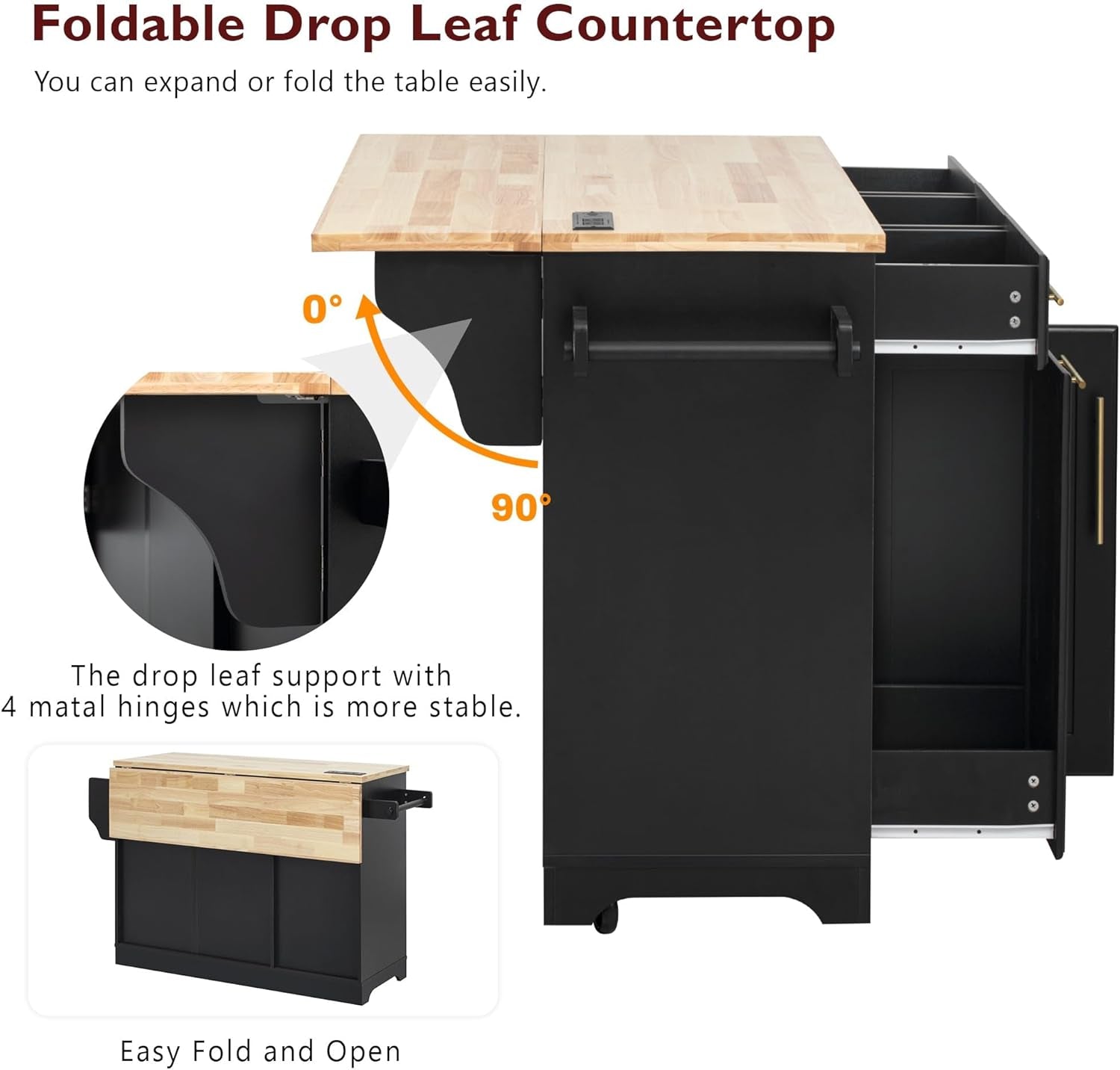 Rolling Kitchen Island with Drop Leaf & 2 Pull Out Cabinet Organizers,59.3" Stationary Kitchen Cart with Trash Can Storage,Power Outlet,Spice & Towel Rack,3 Drawers Island Table for Kitchen,Black