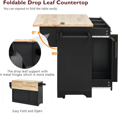 Rolling Kitchen Island with Drop Leaf & 2 Pull Out Cabinet Organizers,59.3" Stationary Kitchen Cart with Trash Can Storage,Power Outlet,Spice & Towel Rack,3 Drawers Island Table for Kitchen,Black