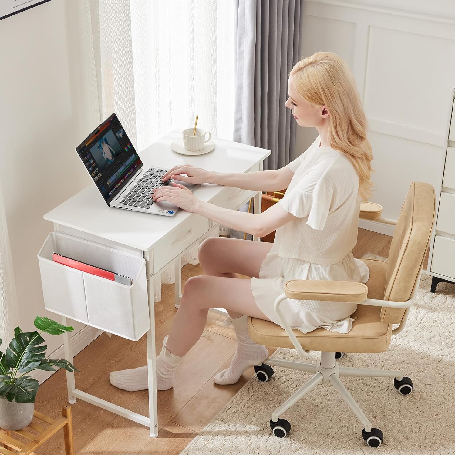 32 Inch Small Desk with Drawers, Home Office Computer Desk with Storage Bag and Headphone Hook, Study Writing Table with Adjustable Feet for Bedroom, White