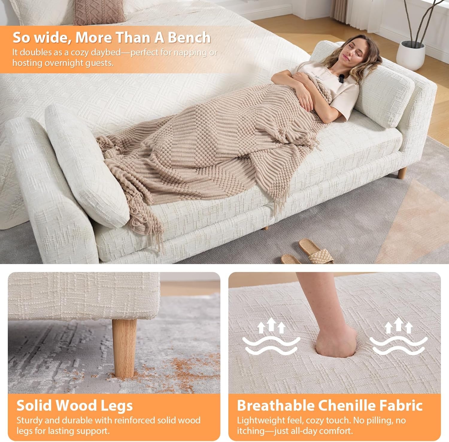 83.1" Oversized Chaise Lounge, Chenille Upholstered End of Bed Bench with Arms, Sleeper Sofa Daybed with 2 Pillows for Bedroom, Living Room, Window Seat, Beige.