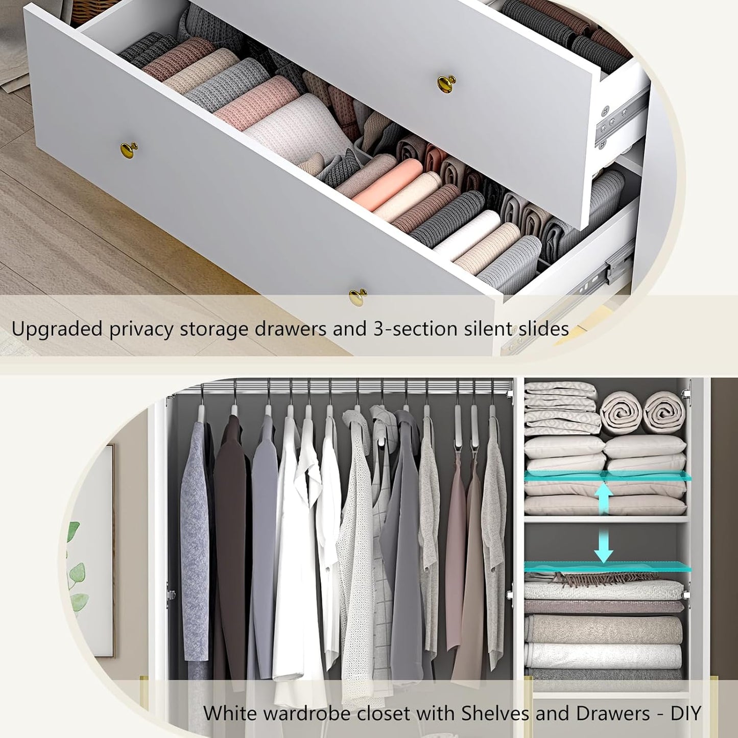 3 Door Wardrobe Closet with Mirror & LED Lights, Bedroom Armoire with Drawers & Shelves, Modern Wooden Armoire Wardrobe Closet with Hanging Rod for Bedroom, White