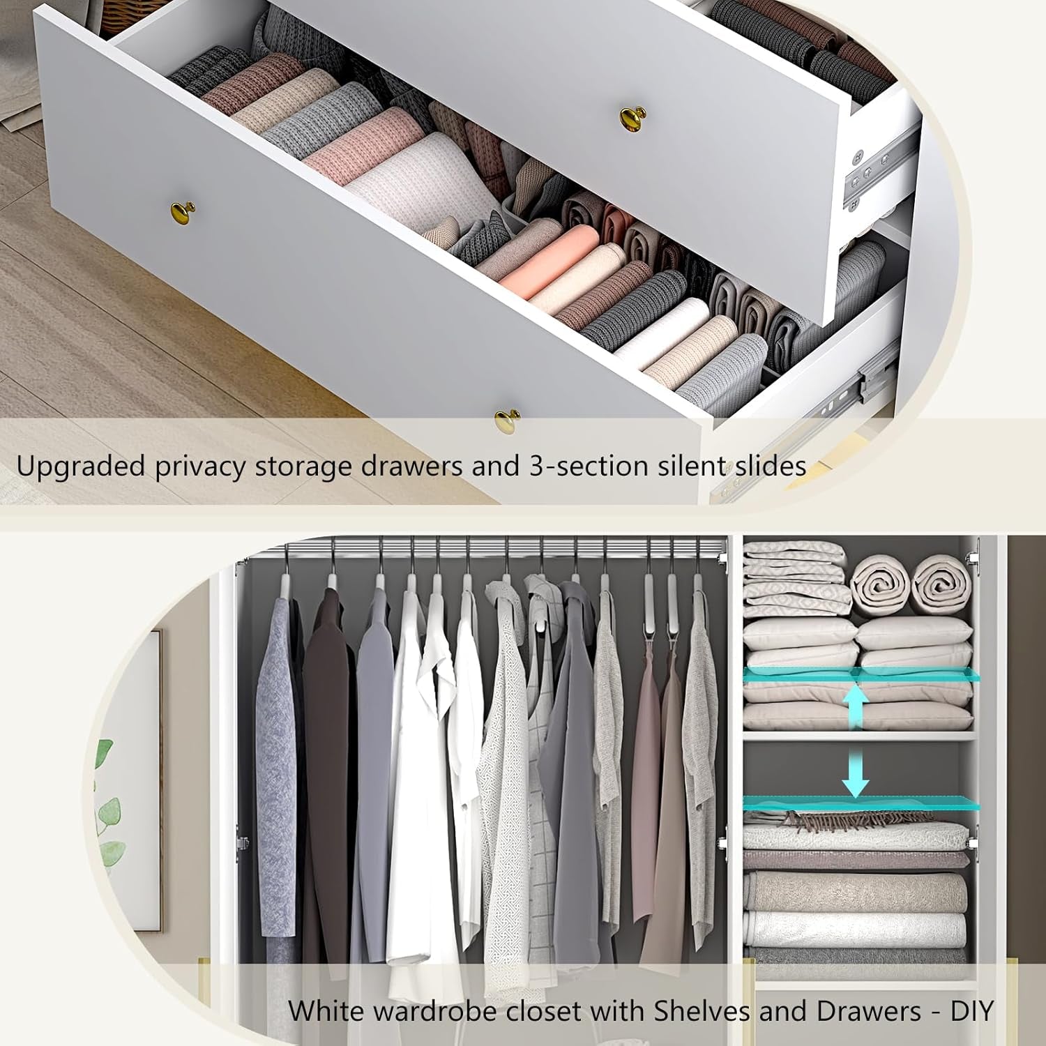 3 Door Wardrobe Closet with Mirror & LED Lights, Bedroom Armoire with Drawers & Shelves, Modern Wooden Armoire Wardrobe Closet with Hanging Rod for Bedroom, White