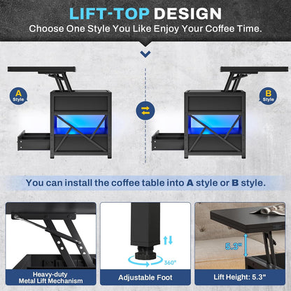 40" Lift Top Coffee Table, 4 in 1 Coffee Tables with Storage for Living Room, Small Farmhouse Coffee Table with 2 Drawers & LED Light for Dining Reception Room, Black