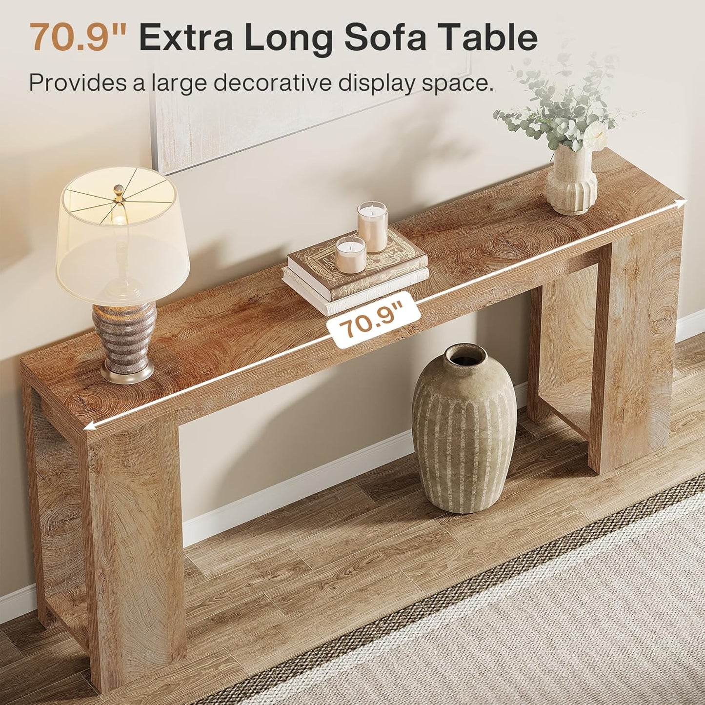 70.9-Inch Extra Long Console Table, Farmhouse Wood Sofa Table behind Couch, Narrow Entryway Accent Table for Living Room, Hallway, Entrance, Foyer, Light Oak Brown