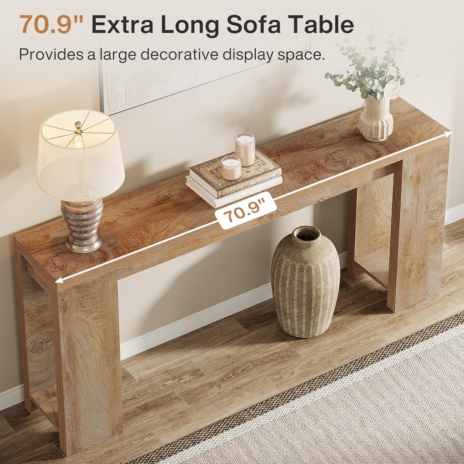 70.9-Inch Extra Long Console Table, Farmhouse Wood Sofa Table behind Couch, Narrow Entryway Accent Table for Living Room, Hallway, Entrance, Foyer, Light Oak Brown