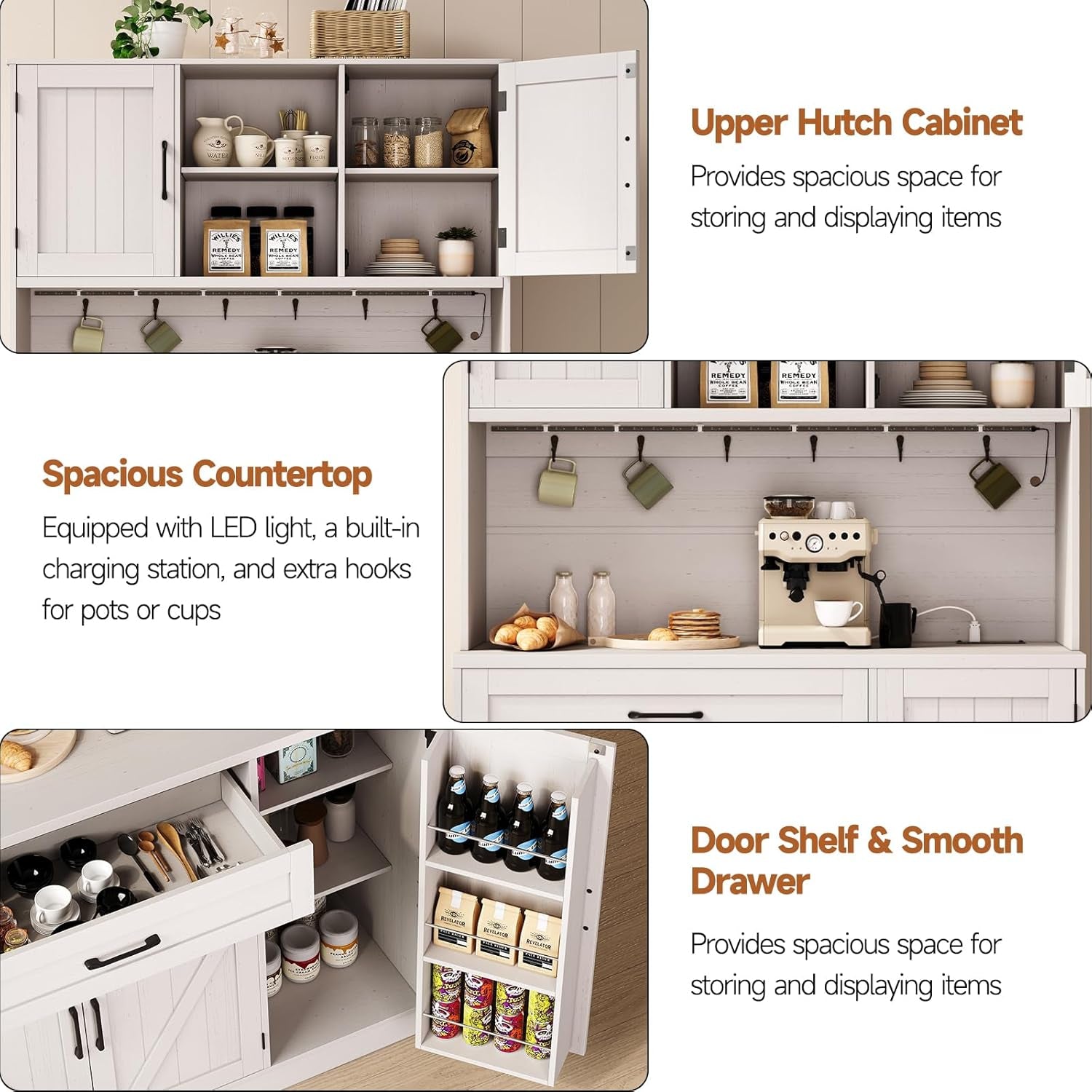 71" Pantry Cabinet, Kitchen Pantry Storage Cabinet with LED Light & Outlet, Kitchen Hutch with Microwave Shelf & 6 Hooks, Door Shelves & Drawer & Adjustable Shelves, for Dining Room