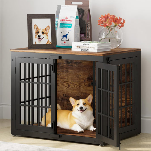 33" Heavy Duty Dog Crate Furniture, Wooden Dog Cage Kennel for Small and Medium Dogs, Dog Kennel Indoor with Side Door, Decorative Pet House End Table, Brown