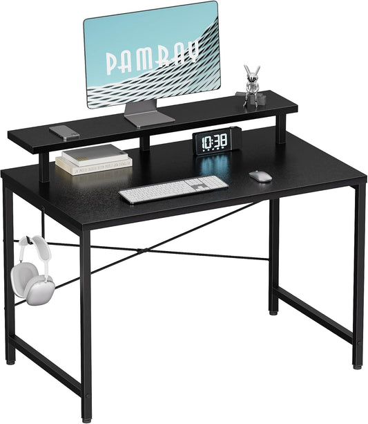 32 Inch Small Computer Desk with Monitor Stand, Simple Office Desk with Headphone Hook for Small Spaces, Kids Study Writing Table for Bedroom, Black