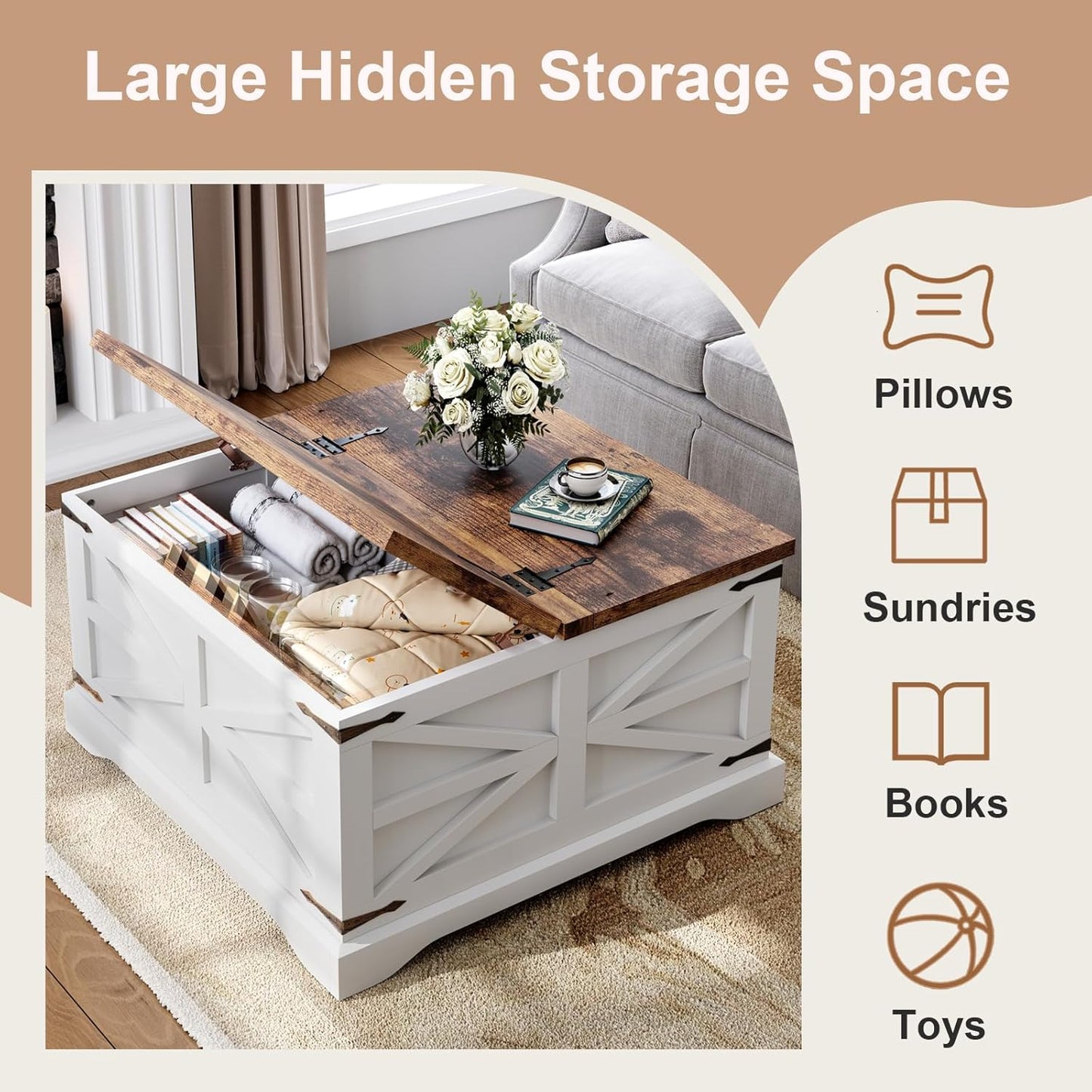 Farmhouse Coffee Table with Storage, Square Coffee Tables for Living Room, Rustic Wood Center Table with Hinged Lifting Tabletop for Home, White