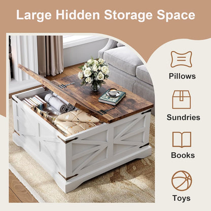 Farmhouse Coffee Table with Storage, Square Coffee Tables for Living Room, Rustic Wood Center Table with Hinged Lifting Tabletop for Home, White