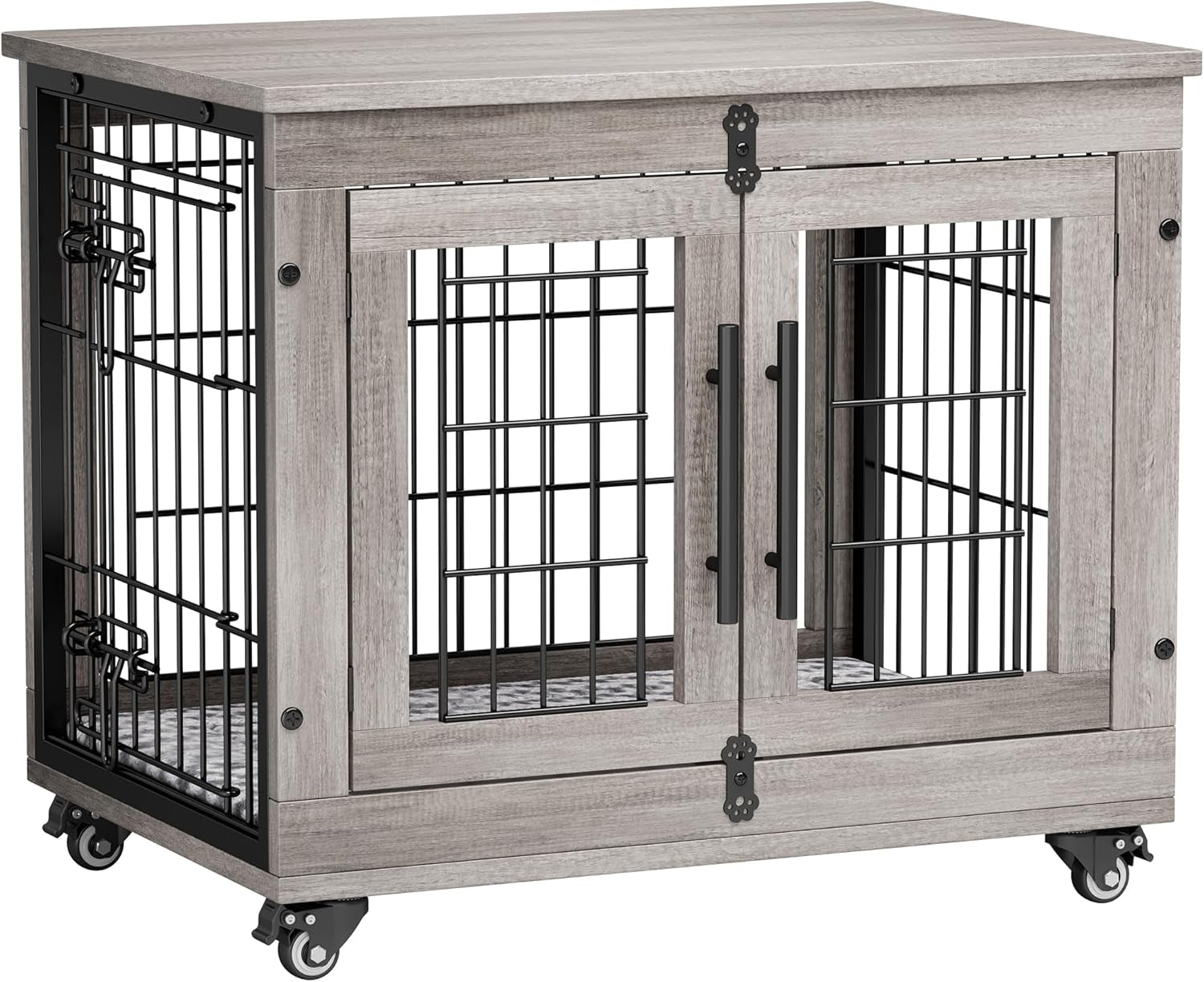Small Dog Crate Furniture, Dog Kennel Indoor Double Doors Wooden Dog Cage, 27.1'' Heavy Duty Dog Crate with Cushion & Wheels, Decorative End Table Pet House Chew-Resistant for Small Dogs, Grey