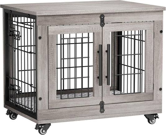 Small Dog Crate Furniture Set of 2, Dog Kennel Indoor Double Doors Wooden Dog Cage, 27'' Heavy Duty Dog Crate with Cushion & Wheels, End Table Pet House Chew-Resistant up to 30 Lb, Grey