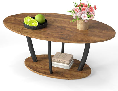 Rustic Small Oval Coffee Table for Living Room, Narrow Wood Center Table with Shelf, Retro Style Coffee Table with Curved Metal Legs, Stable and Easy Assembly, Rusric Brown