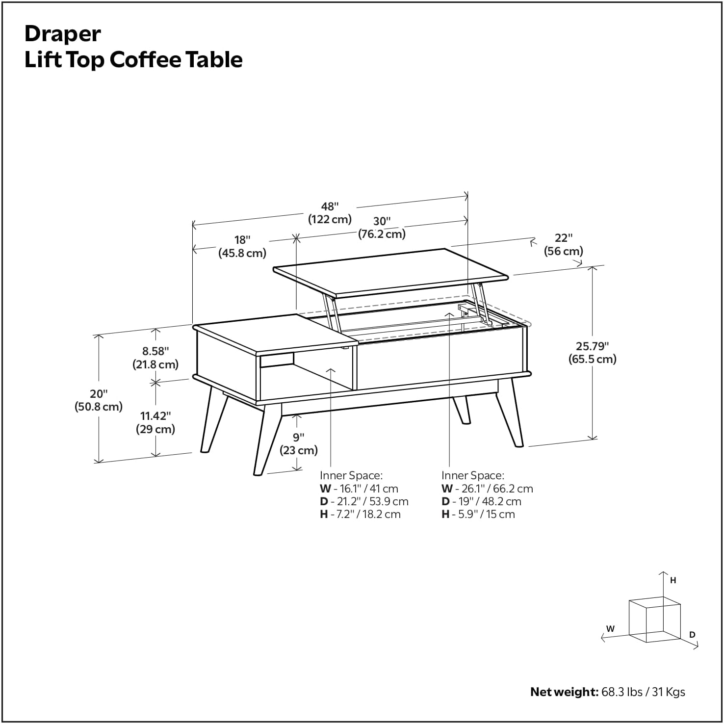 Draper Lift Top Coffee Table - 48 Inch Wide Solid Hardwood Mid-Century Modern Cocktail Table in Teak Brown, Functional Living Room Table with Storage Compartment, Open Shelf and Angled Legs