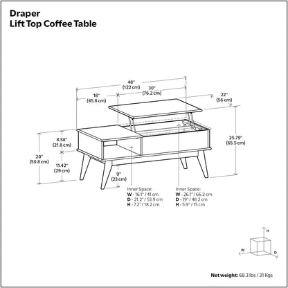 Draper Lift Top Coffee Table - 48 Inch Wide Solid Hardwood Mid-Century Modern Cocktail Table in Teak Brown, Functional Living Room Table with Storage Compartment, Open Shelf and Angled Legs