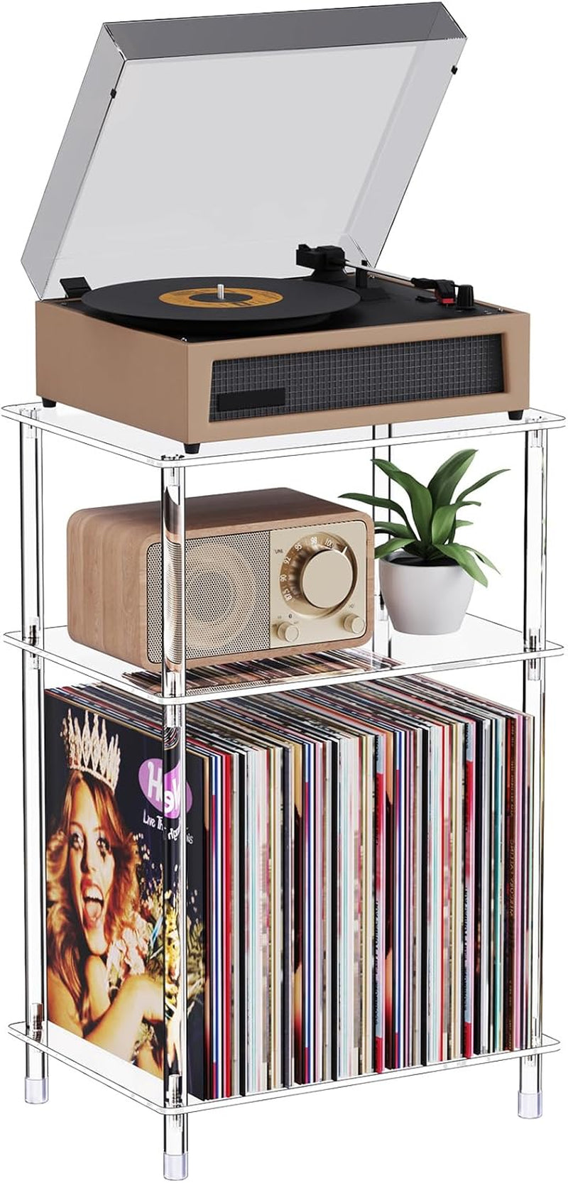 Clear Acrylic Record Player Stand with Vinyl Storage, 15.75" L X 11.81" W X 24.5" H, 3 Tier Small Side Turntable Table with Album Shelf, Modern Bedside End Table for Living Room, Bedroom