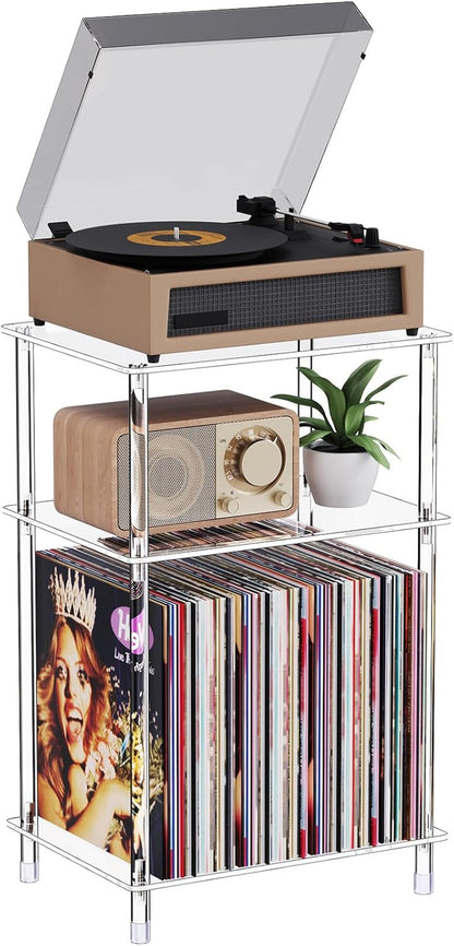 Clear Acrylic Record Player Stand with Vinyl Storage, 15.75" L X 11.81" W X 24.5" H, 3 Tier Small Side Turntable Table with Album Shelf, Modern Bedside End Table for Living Room, Bedroom